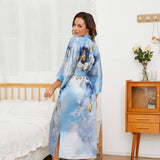 Womens Pure Silk Kimono Robes Long Floral Print Silk Robes Blue One size fits most