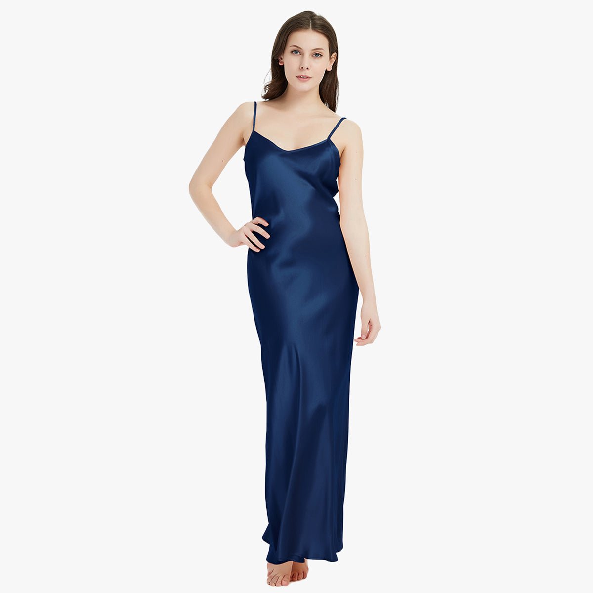 Womens Pure Silk Maxi Dress Long Strap Party Dresses Dark Blue XS