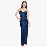 Womens Pure Silk Maxi Dress Long Strap Party Dresses Dark Blue XS