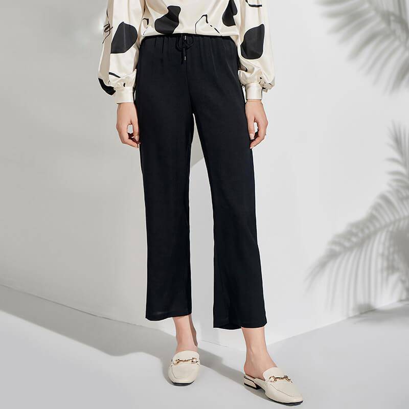 Womens Pure Silk Pants Cropped Casual Work Silk Trousers Black XS