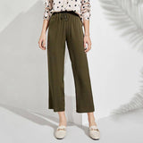 Womens Pure Silk Pants Cropped Casual Work Silk Trousers Green XS