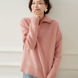 Womens Ribbed Half - Zip Collar Long Sleeve Cashmere Sweater Pink XS
