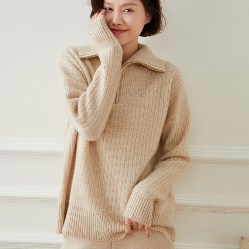 Womens Ribbed Half - Zip Collar Long Sleeve Cashmere Sweater Beige XS