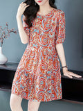 Womens Retro Silk Dress with Red Paisley Print Short Silk Dress Pink XS