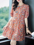 Womens Retro Silk Dress with Red Paisley Print Short Silk Dress Pink XS