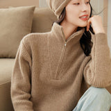 Womens Rib - Knit Cashmere Sweater Half Zip - up Cashmere Pullover Tops Taupe XS