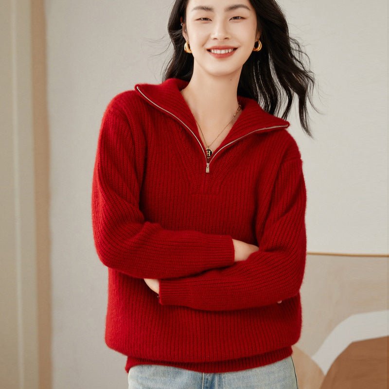 Womens Rib - Knit Cashmere Sweater Half Zip - up Cashmere Pullover Tops Claret XS
