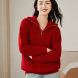 Womens Rib - Knit Cashmere Sweater Half Zip - up Cashmere Pullover Tops Claret XS