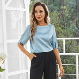 Womens Silk Blouse Short Sleeves Both Sides Silk Top Haze Blue XS