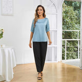 Womens Silk Blouse Short Sleeves Both Sides Silk Top Haze Blue XS