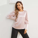 Women's Silk Blouse Work Round Neck Dressy Silk Shirts Rosy Pink XS