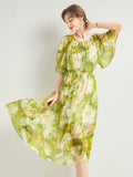 Womens Silk Chiffon Midi Dress Flutter Sleeve Watercolor Floral Green Silk Dress Green XS