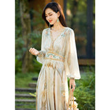 Womens Silk Maxi Dress Baroque Floral Print Sheer Sleeve Long Silk Dress Beige XS