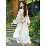 Womens Silk Maxi Dress Baroque Floral Print Sheer Sleeve Long Silk Dress Beige XS