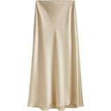 Womens Silk Maxi Skirt with Side Slit High Waist Silk Skirt Champagne XS