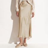 Womens Silk Maxi Skirt with Side Slit High Waist Silk Skirt Champagne XS