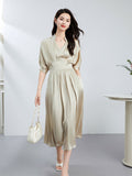 Womens Silk Midi Dress Draped V - Neck Cinched Waist Long Silk Dress Champagne XS