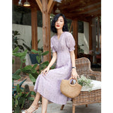 Womens Silk Midi Dress Smocked Waist Ruffled Sleeve Silk Dress Purple XS