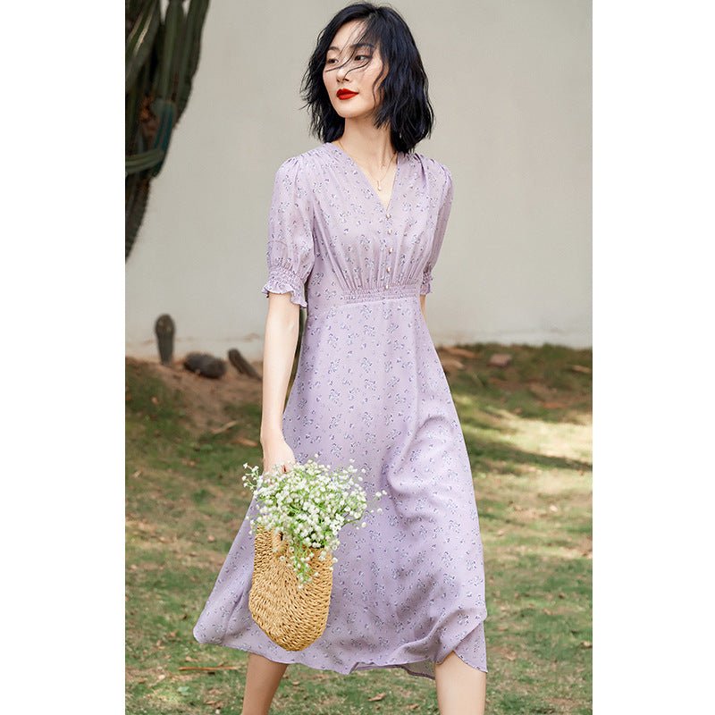 Womens Silk Midi Dress Smocked Waist Ruffled Sleeve Silk Dress Purple XS
