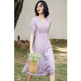 Womens Silk Midi Dress Smocked Waist Ruffled Sleeve Silk Dress Purple XS