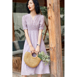 Womens Silk Midi Dress Smocked Waist Ruffled Sleeve Silk Dress Purple XS