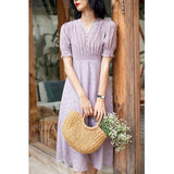 Womens Silk Midi Dress Smocked Waist Ruffled Sleeve Silk Dress Purple XS
