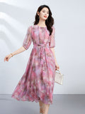 Womens Silk Midi Dress with Puff Sleeves Crew Neck Silk Floral Dress Pink XS