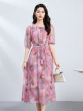 Womens Silk Midi Dress with Puff Sleeves Crew Neck Silk Floral Dress Pink XS