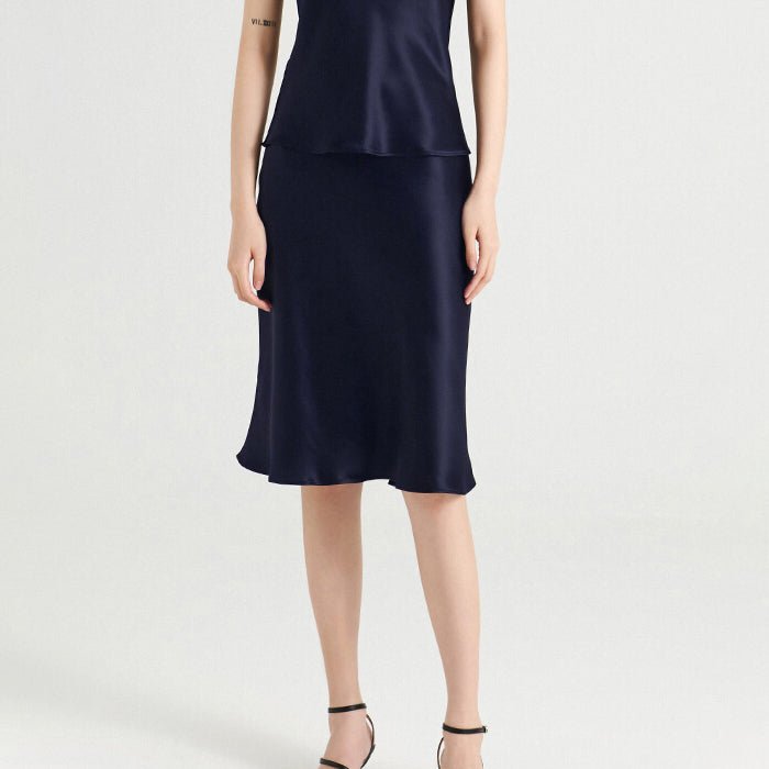 Womens Silk Skirt High Waist Bias Cut Silk Midi Skirt Guest Party Dresses Navy Blue XS