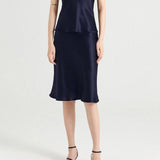 Womens Silk Skirt High Waist Bias Cut Silk Midi Skirt Guest Party Dresses Navy Blue XS