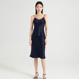 Womens Silk Skirt High Waist Bias Cut Silk Midi Skirt Guest Party Dresses Navy Blue XS