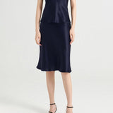 Womens Silk Skirt High Waist Bias Cut Silk Midi Skirt Guest Party Dresses Navy Blue XS