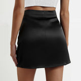 Womens Silk Mini Skirt High Waist A - Line Cut Silk Dress Black XS
