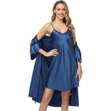 Matching Silk Nightgown Silk Robe Womens Lace Trim Silk Two Piece Set Navy Blue XS