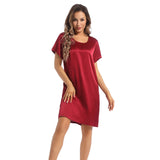 Women's Silk Nightgown Short Sleeve Round Neck Silk Nightdress Claret XS