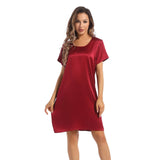 Women's Silk Nightgown Short Sleeve Round Neck Silk Nightdress Claret XS