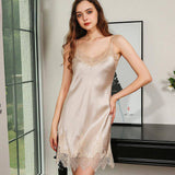 Women's Silk Nightwear V Neck Silk Nightgown With Lace Champagne XS