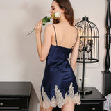 Women's Silk Nightwear V Neck Silk Nightgown With Lace Navy Blue XS