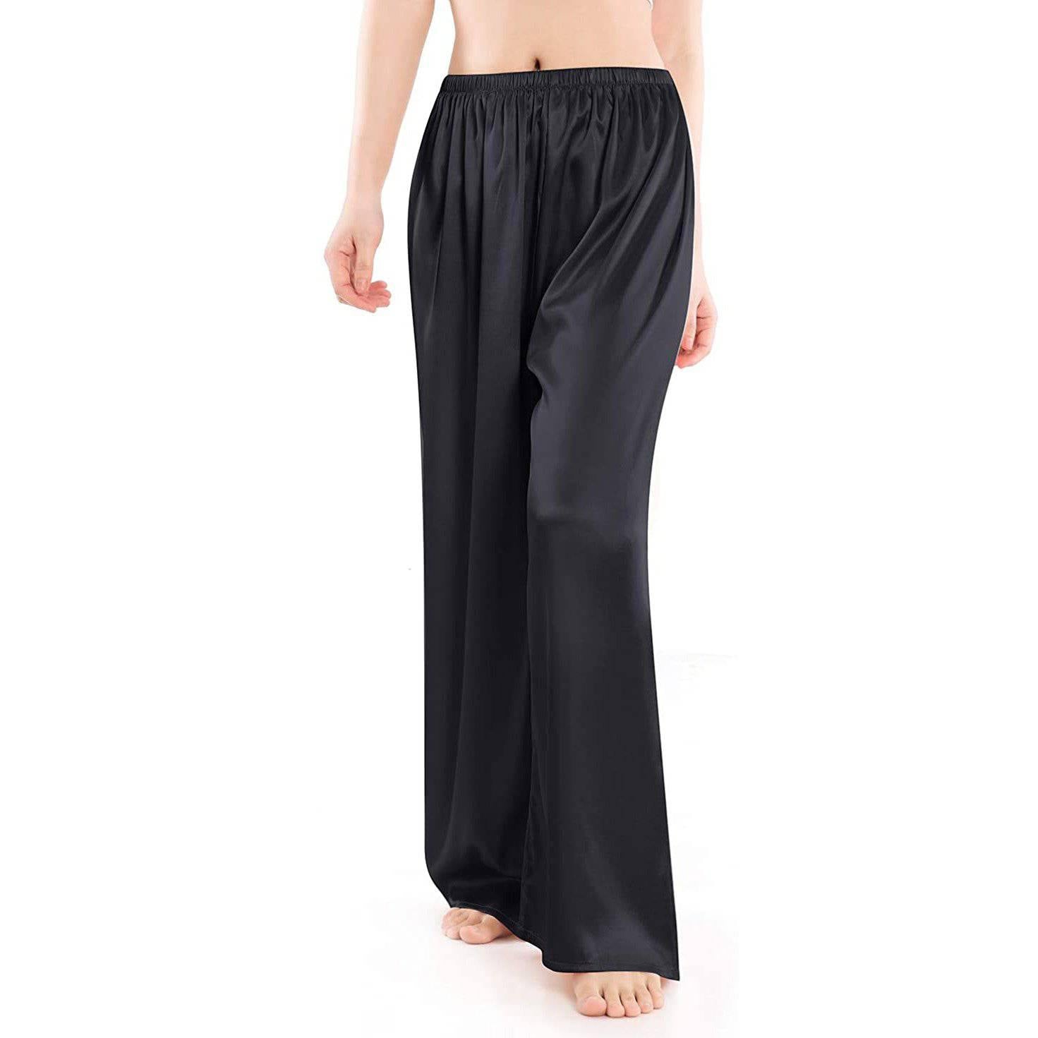 Womens Silk Pajama Pants Wide Leg Loose Pure Silk Bottoms Black XS