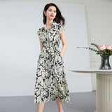 Womens Silk Shirt Midi Dress Abstract Print Waist Tie Silk Dress Ivory XS