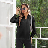 Women's Silk Shirts V Neck Long Sleeves Casual Work Tops Black XS