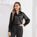 Women's Silk Shirts V Neck Long Sleeves Casual Work Tops Black XS