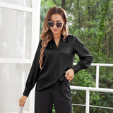 Women's Silk Shirts V Neck Long Sleeves Casual Work Tops Black XS