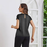 Womens Silk Tops Round Neck Short Sleeves Pure Silk Shirts Black XS