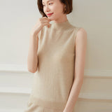 Womens Mock Neck Sleeveless Knit Cashmere Vest With Ribbed Hem Beige XS