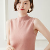 Womens Mock Neck Sleeveless Knit Cashmere Vest With Ribbed Hem Pink XS