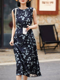 Womens Sleeveless Silk Midi Dress Abstract Floral Print Long Silk Dress Navy Blue XS