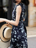 Womens Sleeveless Silk Midi Dress Abstract Floral Print Long Silk Dress Navy Blue XS
