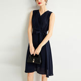 Womens Sleeveless Silk Wrap Midi Dress Flowing Hem Silk Dress Navy Blue XS