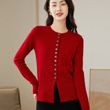 Womens Crew Neck Cashmere Cardigan Sweater Button - Down Cashmere Coat Claret XS